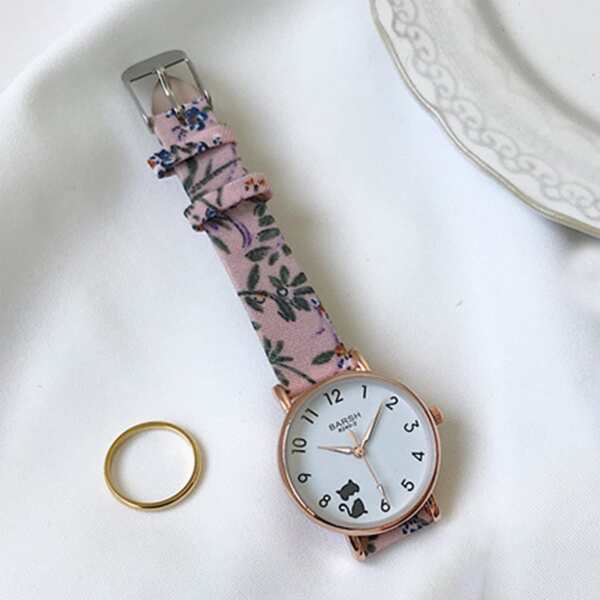 

Kids Flower Print Strap Round Pointer Quartz Watch