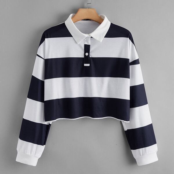 

Plus Striped Print Half Placket Drop Shoulder Sweatshirt, Blue and white