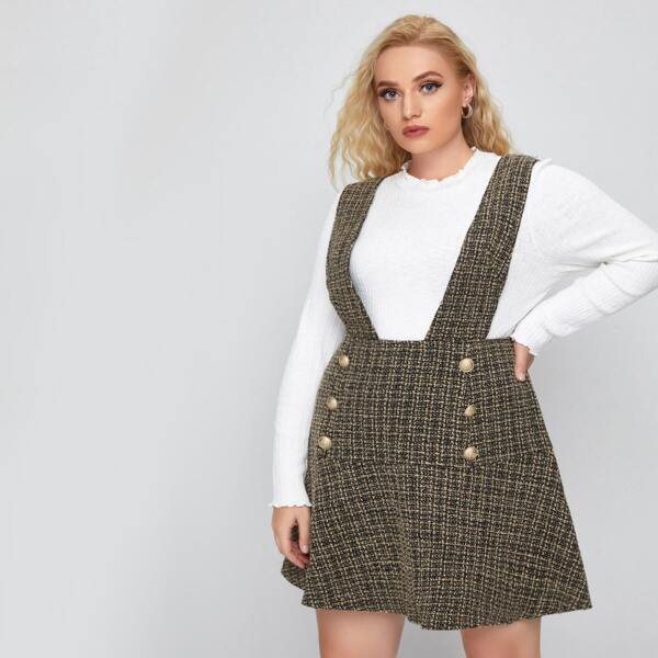 

Plus Button Detail Tweed Overall Dress, Multicolor
