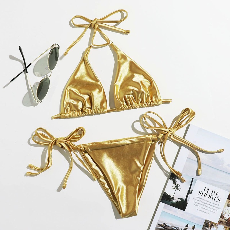 

Triangle Tie Side Bikini Swimsuit, Gold