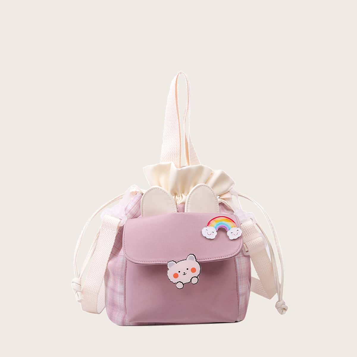 

Cartoon Plaid Drawstring Bucket Bag, Baby pink