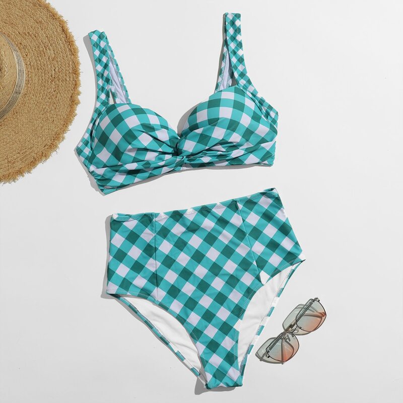 

Plaid Twist High Waist Bikini Swimsuit, Multicolor