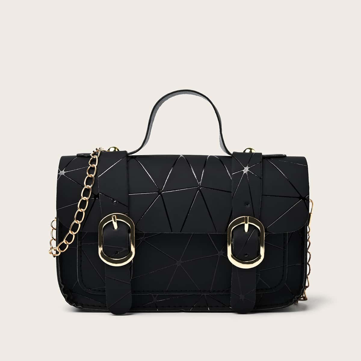 

Geo Graphic Buckle Satchel Bag, Black