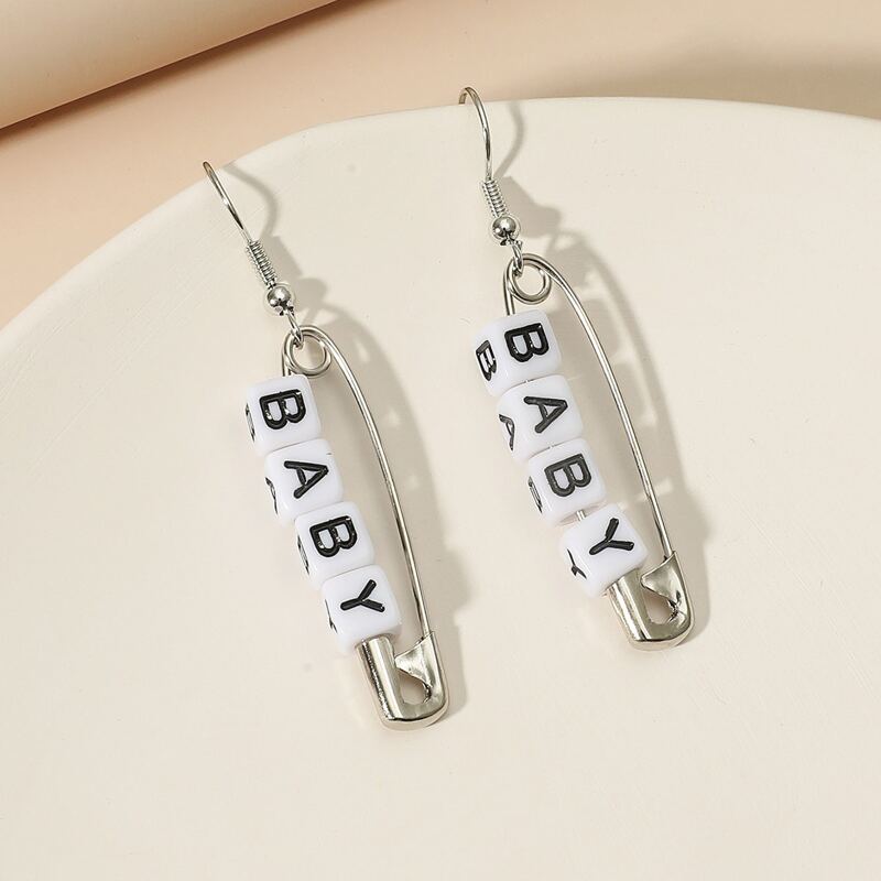 

Beaded Safety Pin Drop Earrings, White