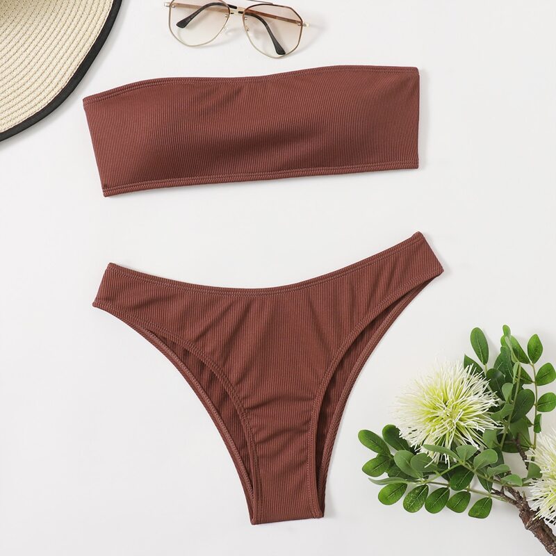 

Solid High Cut Bikini Swimsuit, Rust brown