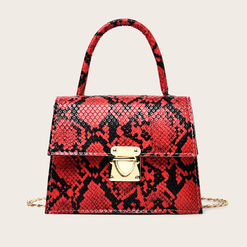 

Snakeskin Chain Decor Satchel Bag, Red