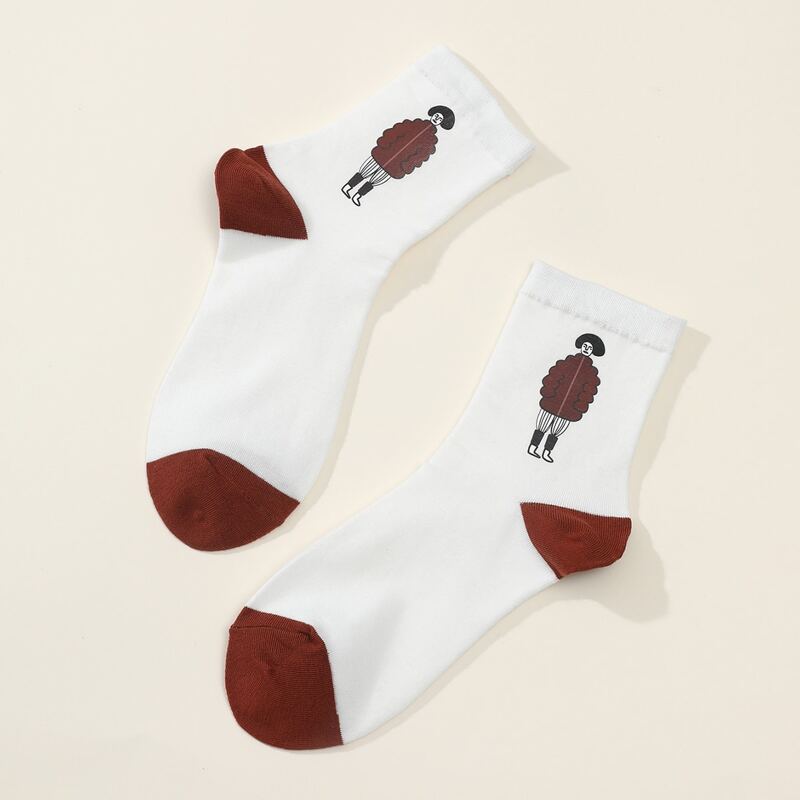 

1pair Figure Graphic Crew Socks, White