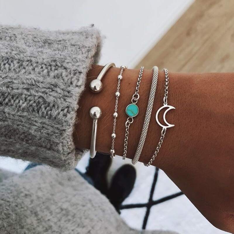 

5pcs Moon Chain Bracelet, Silver
