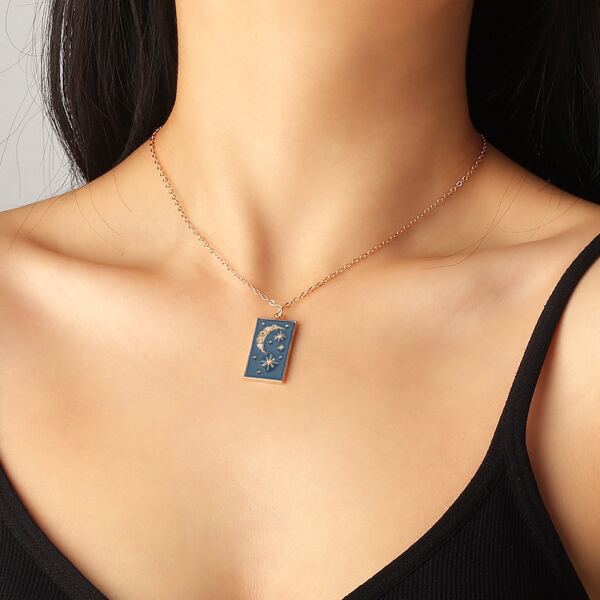 

Rhinestone Geo Charm Necklace, Blue