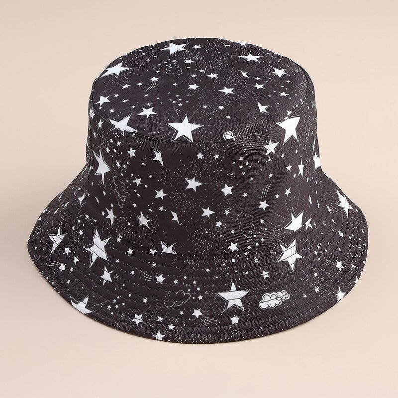 Star Print Reversible Bucket Hat, Black