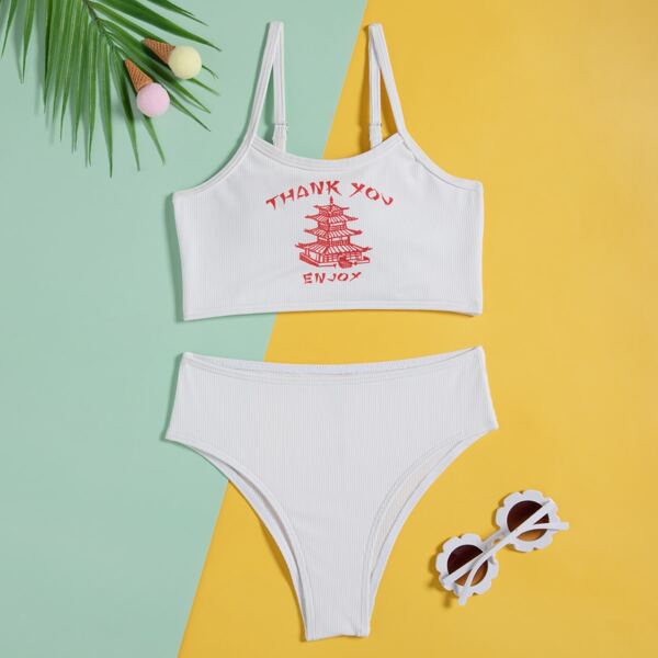 

Girls Letter Graphic Rib High Waisted Bikini Swimsuit, White