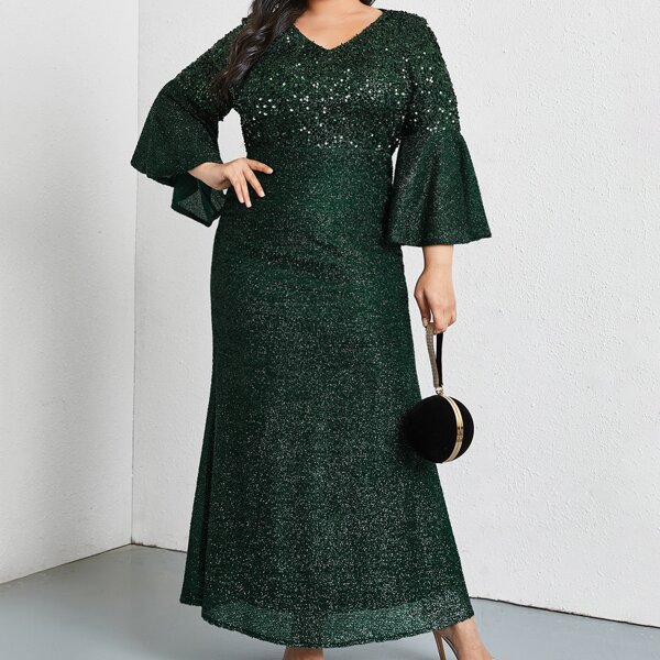 

Plus Sequin Bodice Flounce Sleeve Dress, Dark green
