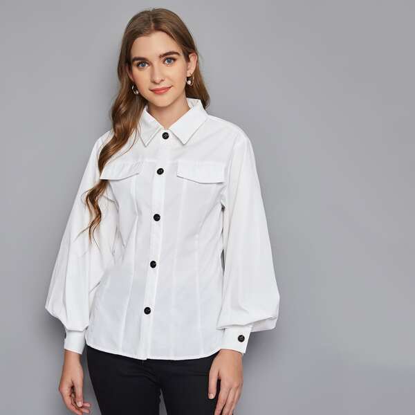 

Lantern Sleeve Button Front Top, White