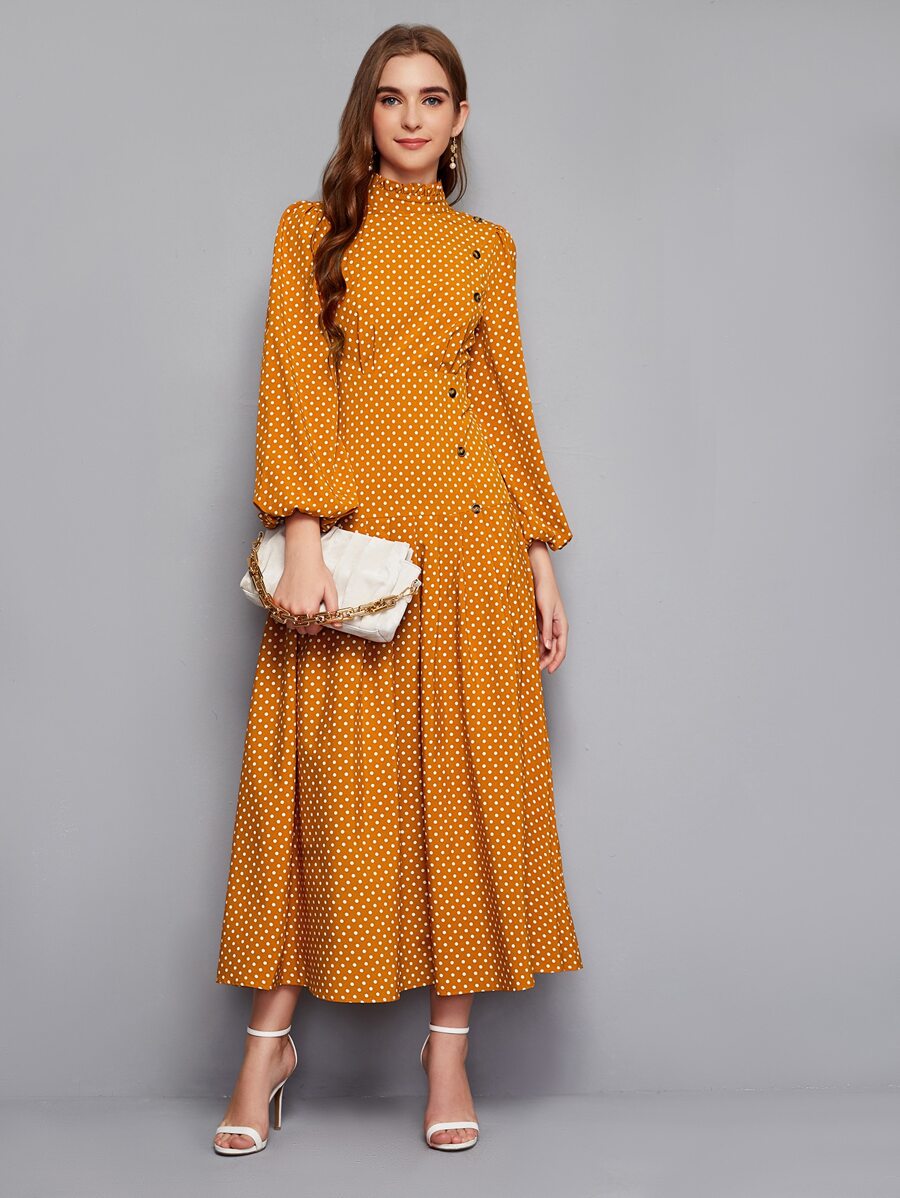 Modelyn Lantern Sleeve Buttoned Front Polka Dot Dress - Mustard Yellow - View 1