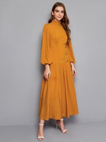 Modelyn Lantern Sleeve Buttoned Front Polka Dot Dress - Mustard Yellow - View 3
