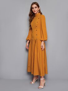 Modelyn Lantern Sleeve Buttoned Front Polka Dot Dress - Mustard Yellow - View 4