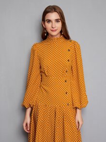 Modelyn Lantern Sleeve Buttoned Front Polka Dot Dress - Mustard Yellow - View 5