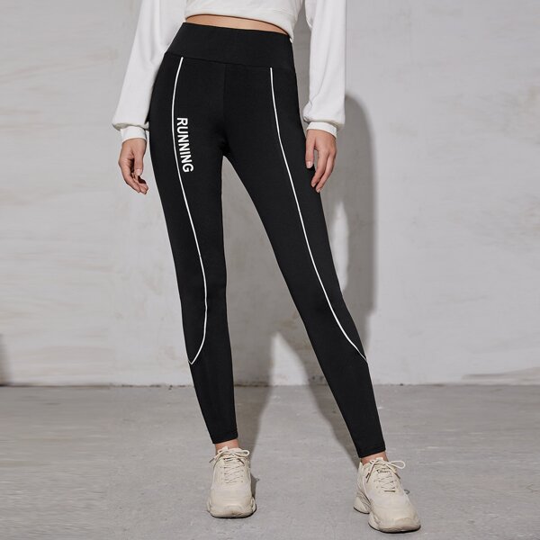 

Contrast Piping Letter Graphic Leggings, Black