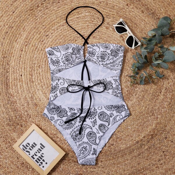 

Paisley Lace-up Front Halter One Piece Swimsuit, Black and white