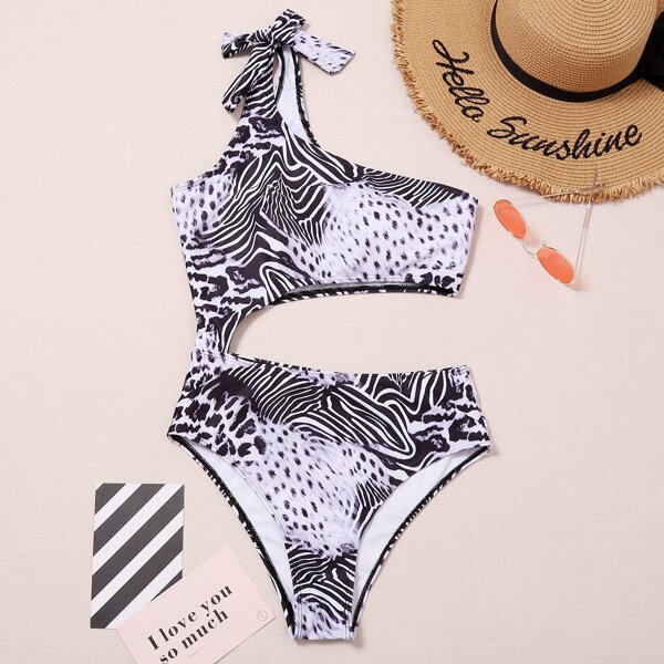 

Animal Pattern Cut-out One Shoulder One Piece Swimsuit, Multicolor