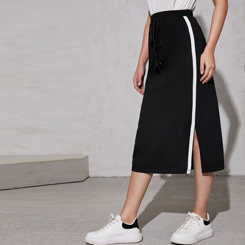 

Knot Waist Tape Side Split Hem Skirt, Black