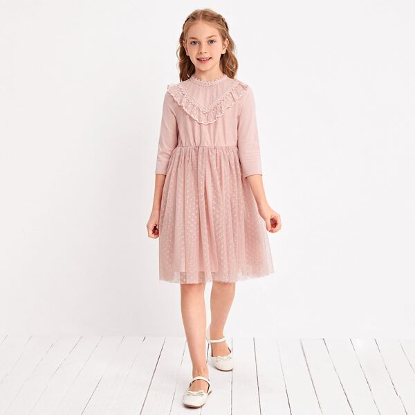 

Girls Lace Neck Ruffle Trim Dobby Mesh Dress, Pastel baby pink