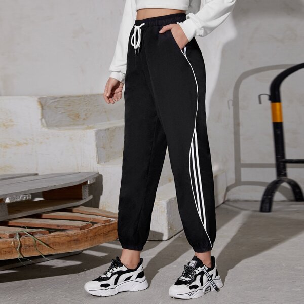 

Drawstring Waist Side Striped Sweatpants, Black