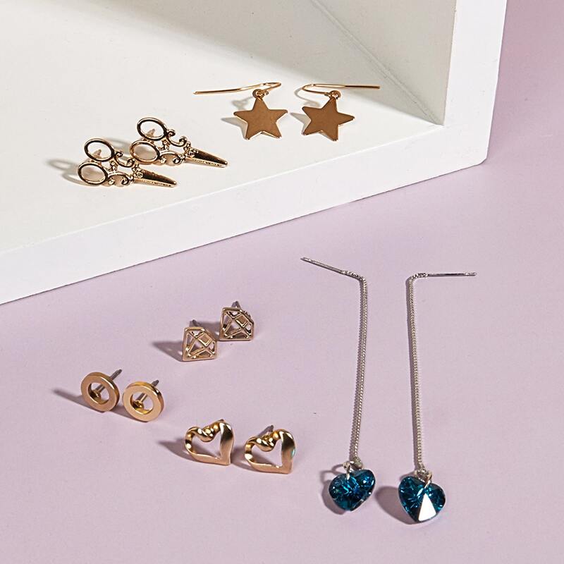 

6pairs Star & Heart Earring Set, Multicolor