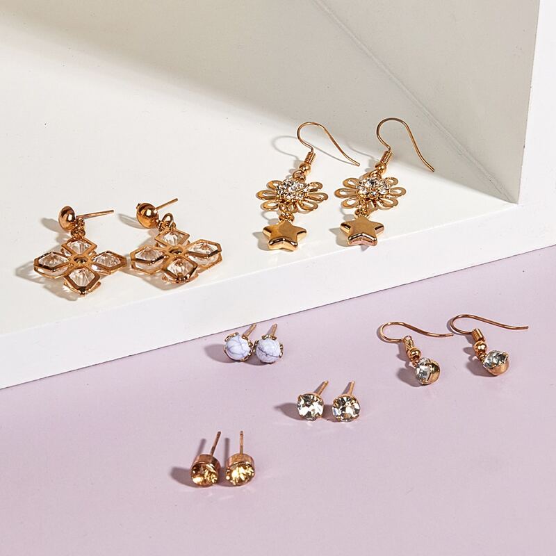 

6pairs Rhinestone Earring Set, Gold