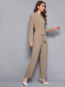 BizChic Notched Collar Buttoned Front Self Belted Jumpsuit Workwear - Khaki - View 3