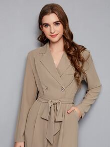 BizChic Notched Collar Buttoned Front Self Belted Jumpsuit Workwear - Khaki - View 4