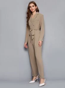 BizChic Notched Collar Buttoned Front Self Belted Jumpsuit Workwear - Khaki - View 5