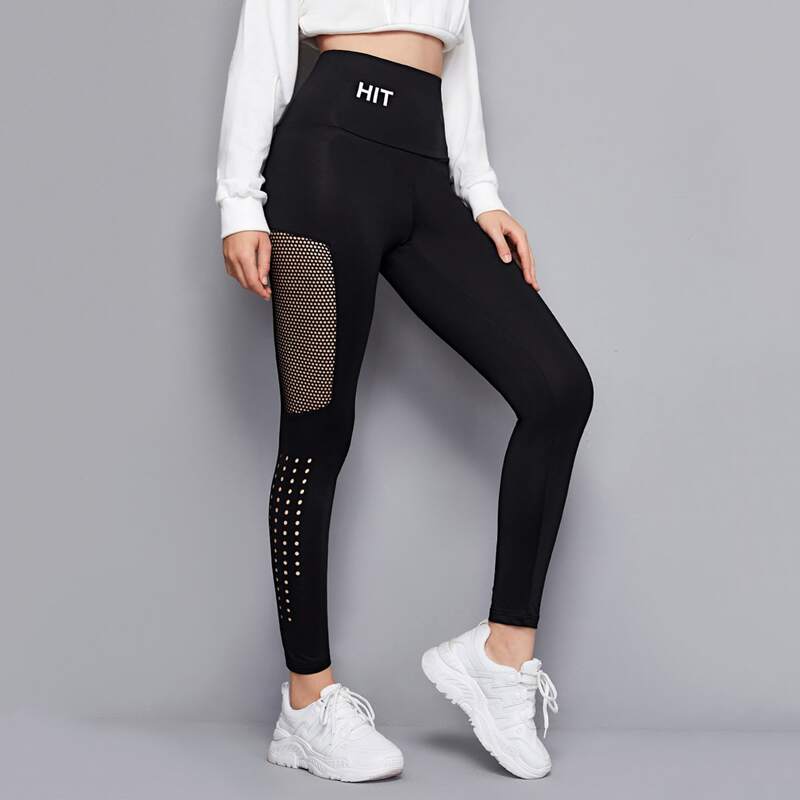 

Letter Graphic Fishnet Mesh Insert Leggings, Black