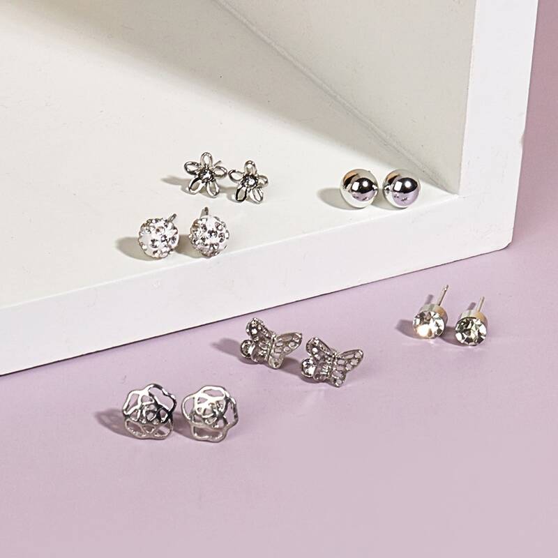 

6pairs Rhinestone Stud Earrings, Silver