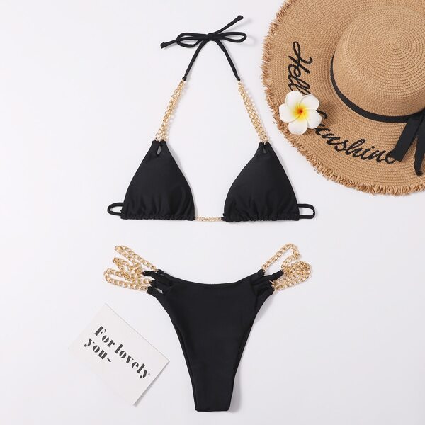 

Chain Linked Triangle Bikini Swimsuit, Black