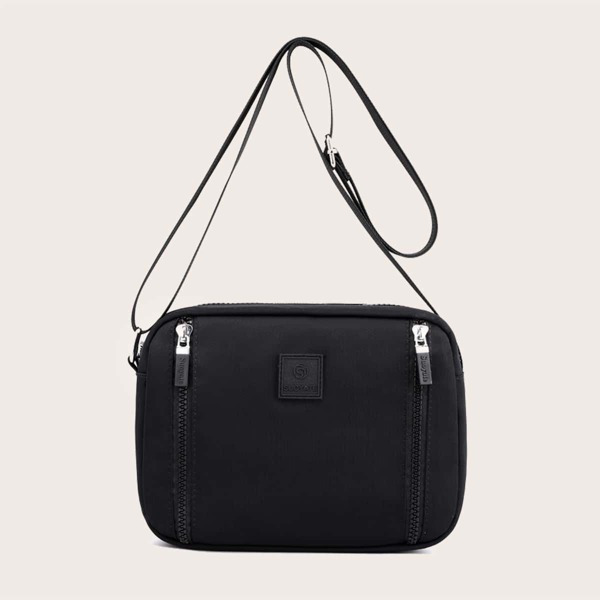 

Letter Patch Zip Front Crossbody Bag, Black