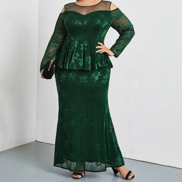 

Plus Cold Shoulder Floral Embroidery Peplum Dress, Dark green