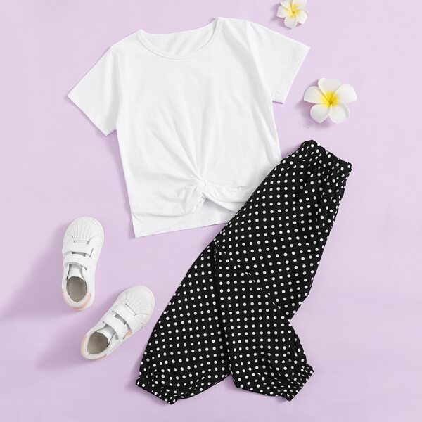 

Toddler Girls Twist Front Tee & Polka Dot Pants, Black and white