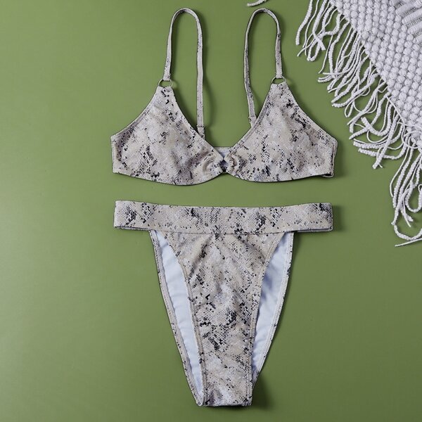 

Snakeskin Print High Cut Bikini Swimsuit, Grey