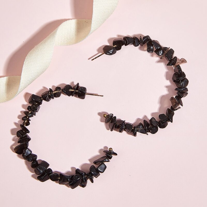 

Faux Stone Hoop Earrings, Black