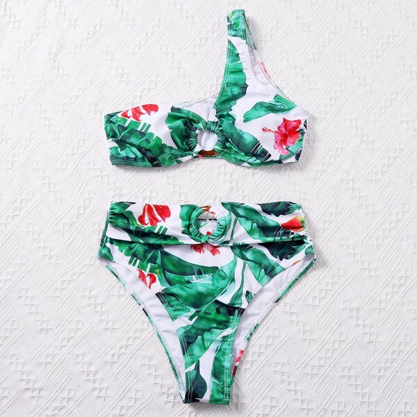 

Tropical Ring Linked One Shoulder Bikini Swimsuit, Green
