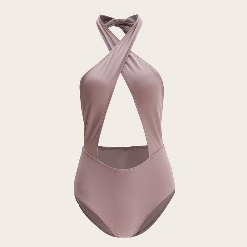 

Solid Halter Cut Out One Piece Swimsuit, Dusty pink
