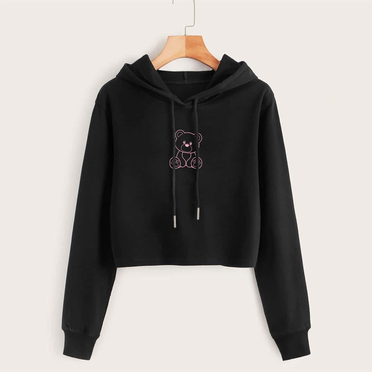 

Cartoon Bear Drawstring Hoodie, Black