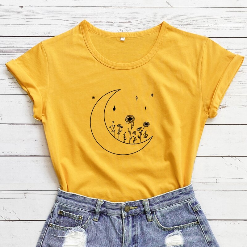 

Moon & Floral Pattern Tee, Mustard yellow