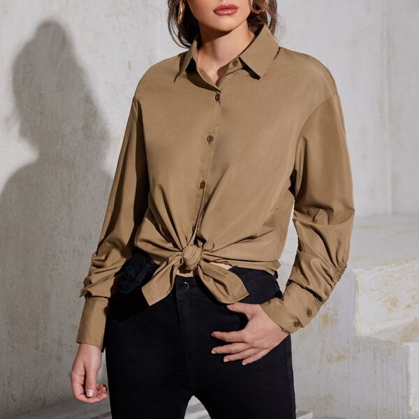 

Ruched Sleeve High Low Solid Blouse, Mocha brown