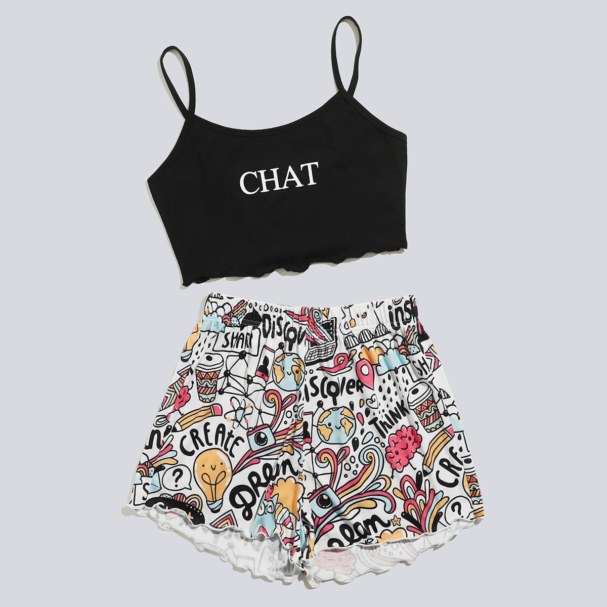 

Cartoon Print Shorts PJ Set, Multicolor