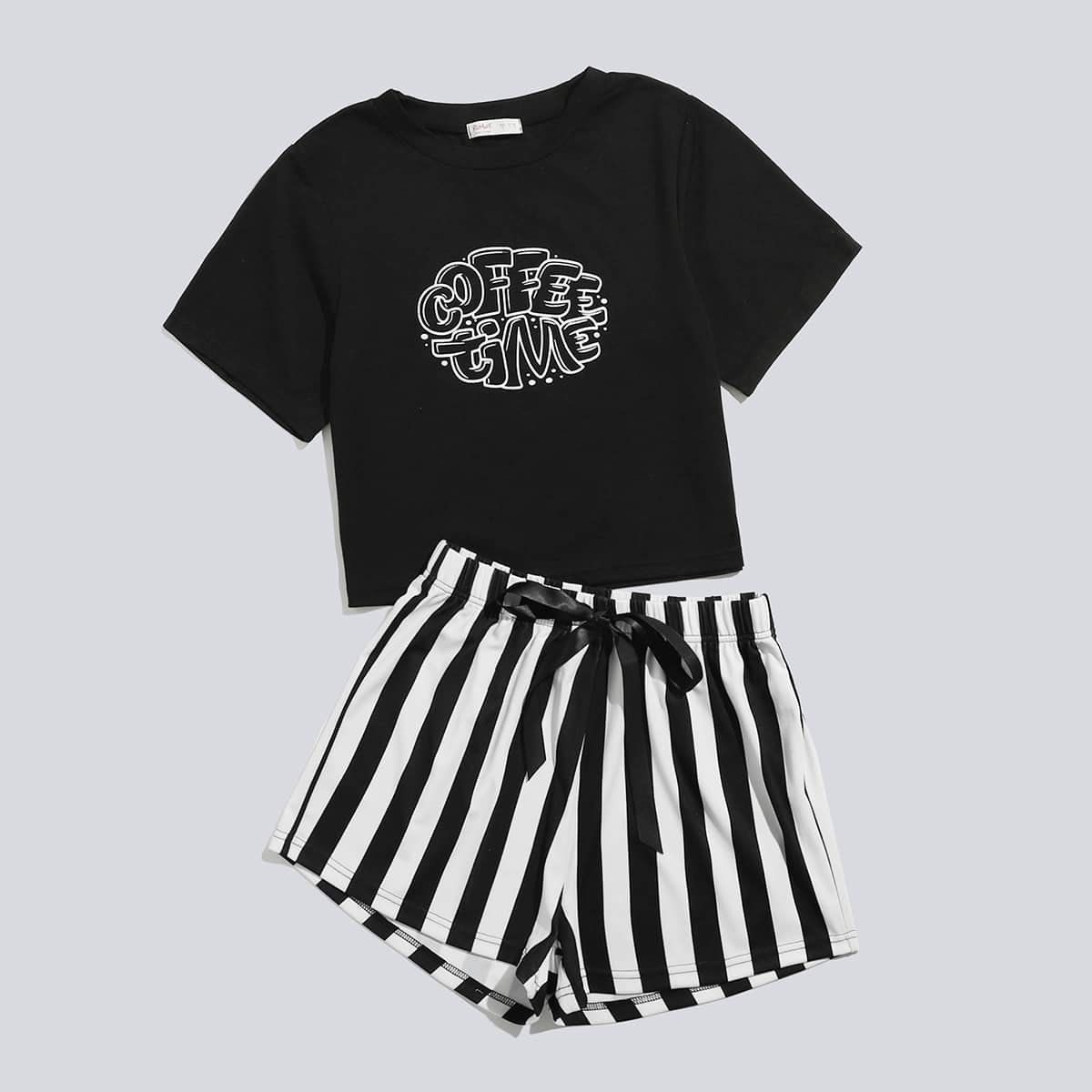 

Letter Striped Shorts PJ Set, Black