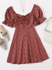 Soleia 滿版植物圖案抽繩前荷葉邊袖連衣裙 - 紅白色 - 查看 1