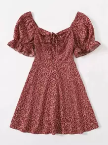 Soleia 滿版植物圖案抽繩前荷葉邊袖連衣裙 - 紅白色 - 查看 4