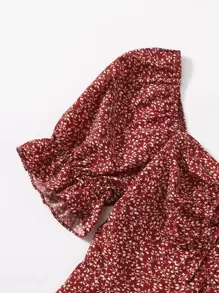 Soleia 滿版植物圖案抽繩前荷葉邊袖連衣裙 - 紅白色 - 查看 5